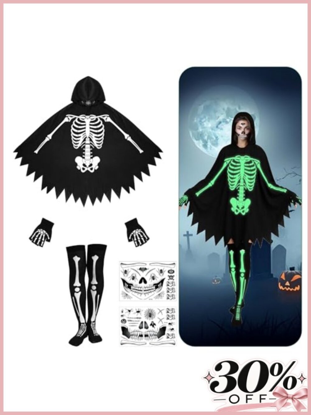Glow in the Dark Skeleton Hooded Poncho Costume Set 5 Pc with Gloves Socks